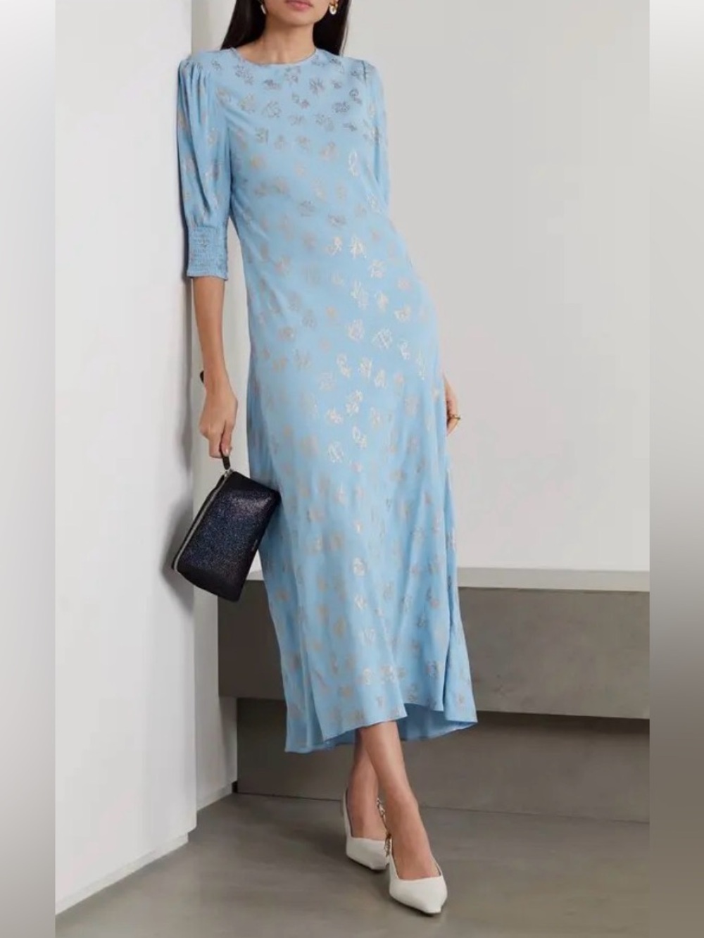 RIXO Powder Blue Midi Dress with Metallic Gold Motif